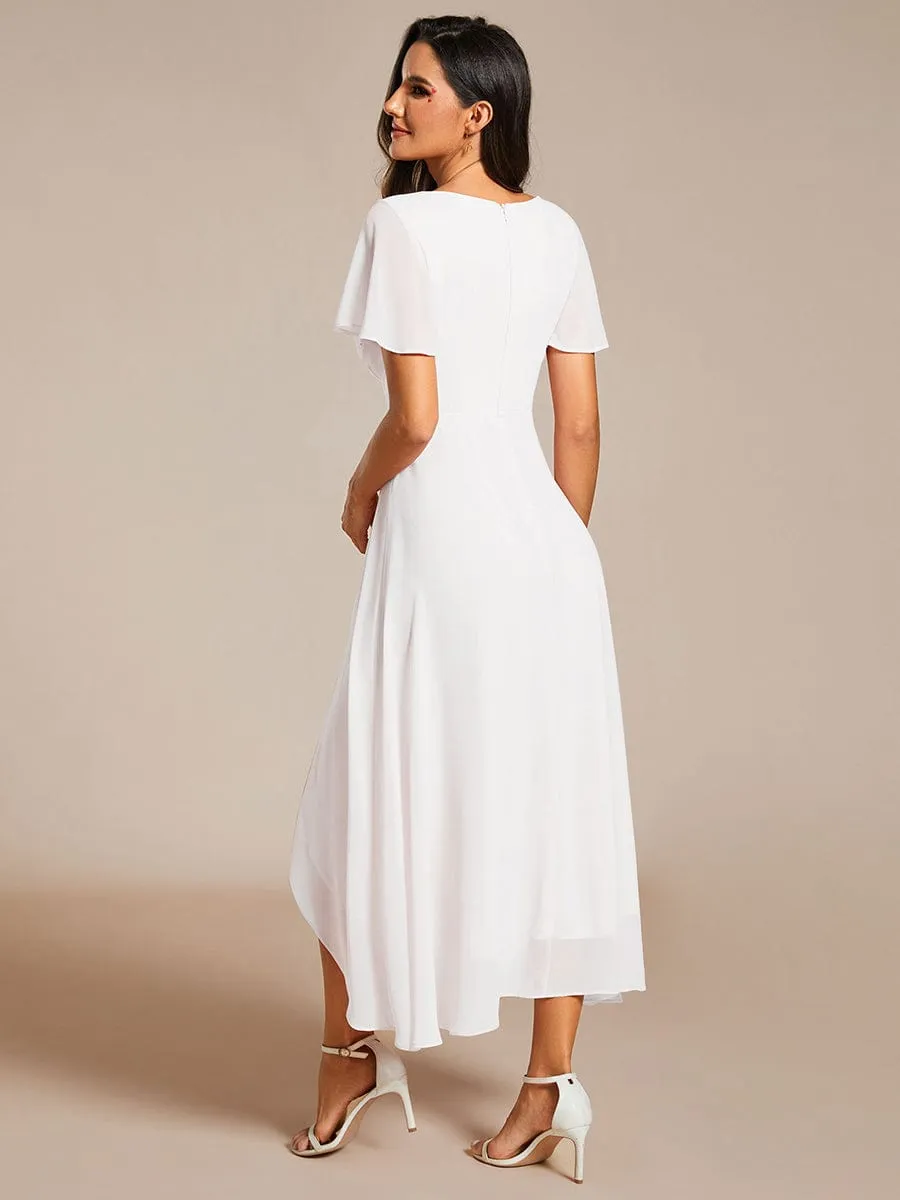 Custom Size Ruffles Sleeve Pleated V-Neck A-Line Midi Chiffon Wedding Guest Dress