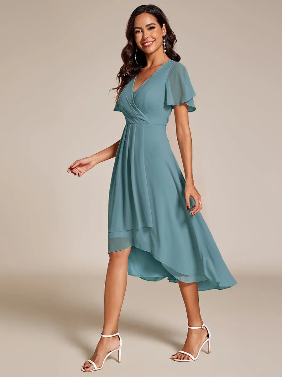 Custom Size Ruffles Sleeve Pleated V-Neck A-Line Midi Chiffon Wedding Guest Dress