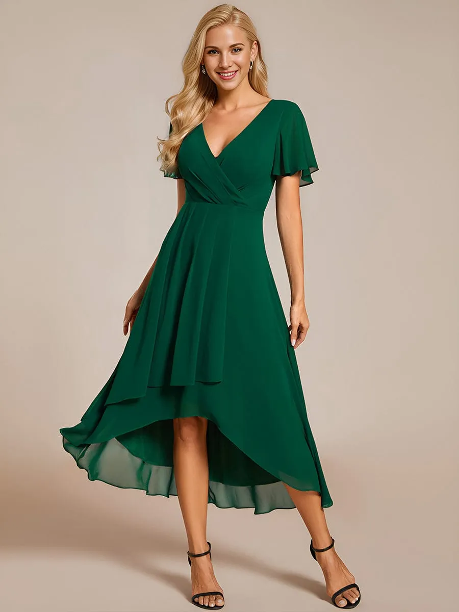 Custom Size Ruffles Sleeve Pleated V-Neck A-Line Midi Chiffon Wedding Guest Dress