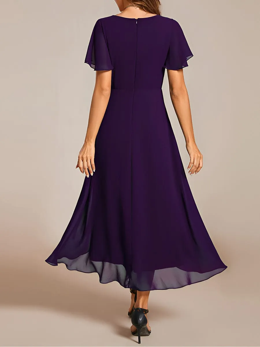 Custom Size Ruffles Sleeve Pleated V-Neck A-Line Midi Chiffon Wedding Guest Dress