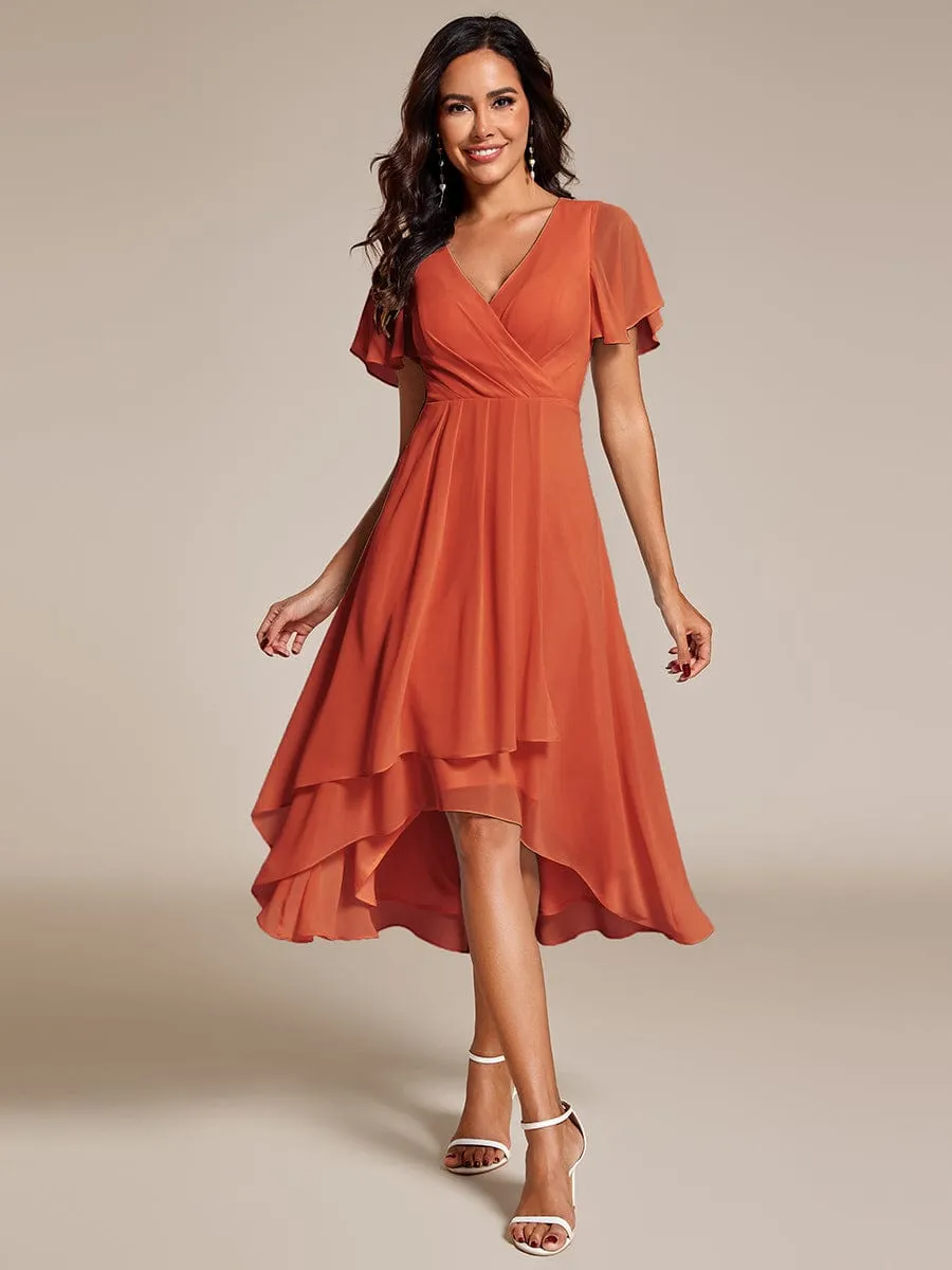 Custom Size Ruffles Sleeve Pleated V-Neck A-Line Midi Chiffon Wedding Guest Dress