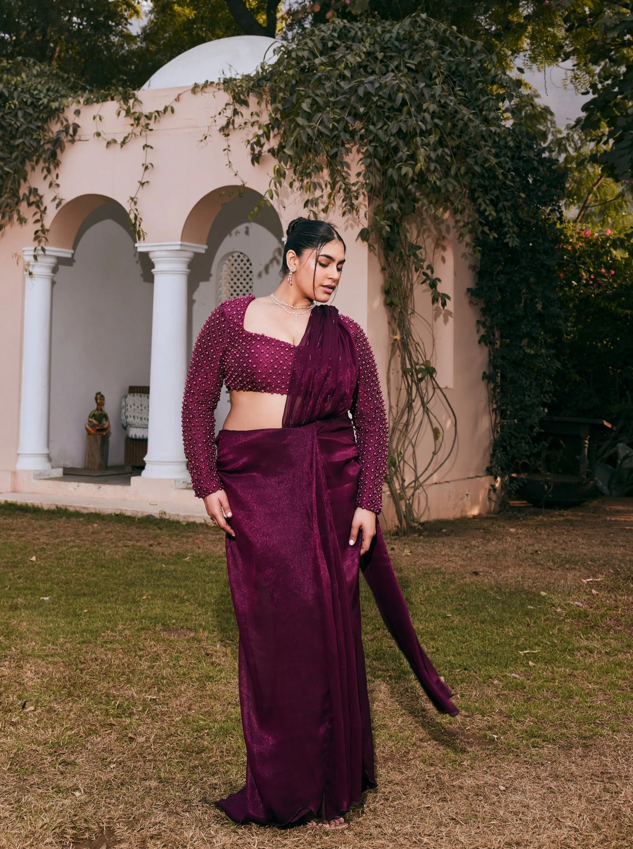 Dania Plum Chiffon Pre- Draped Saree Set