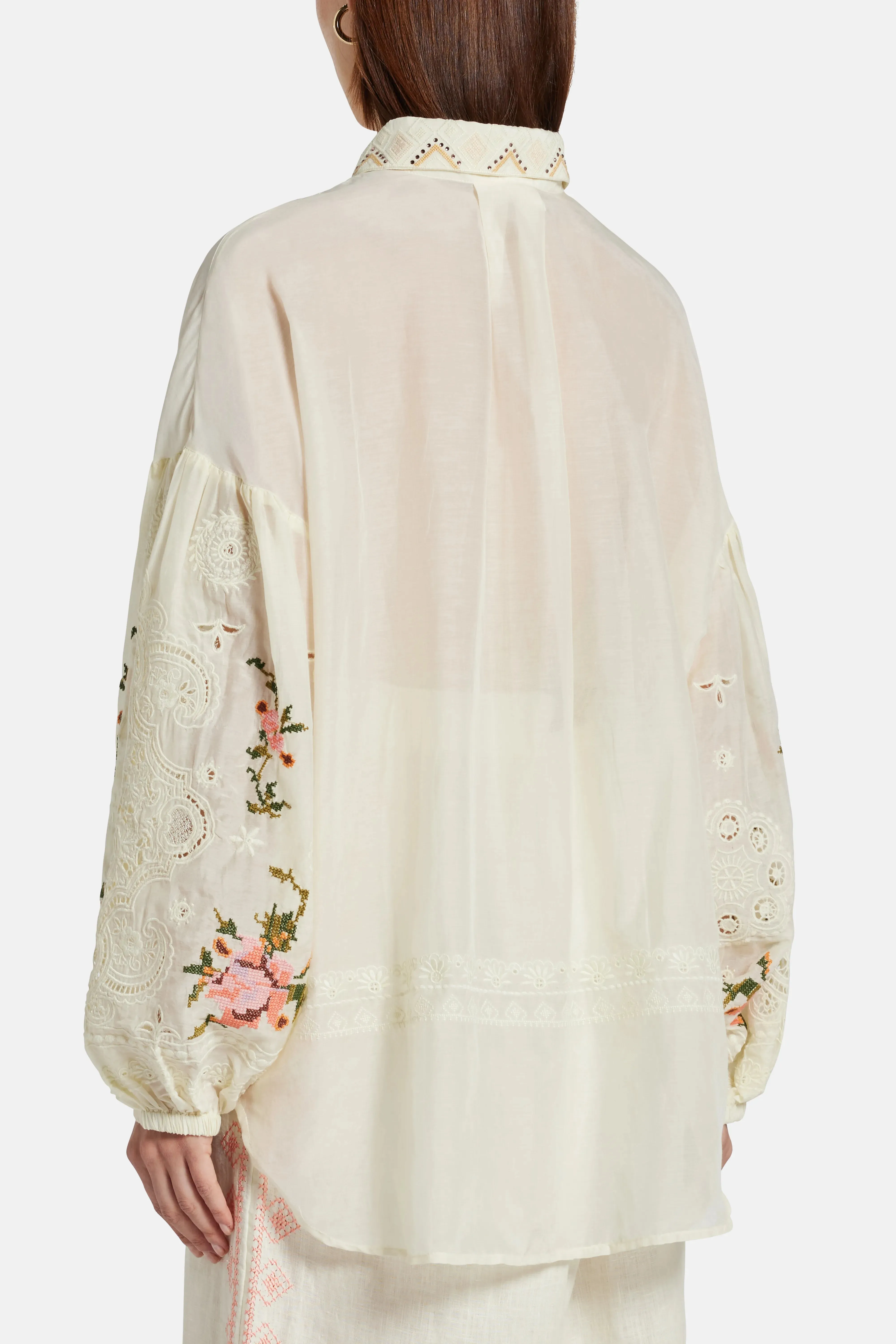 Embroidered Balloon Sleeve Shirt Blouse