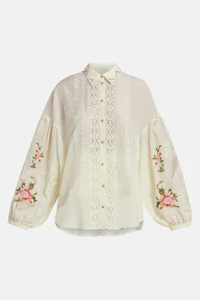 Embroidered Balloon Sleeve Shirt Blouse