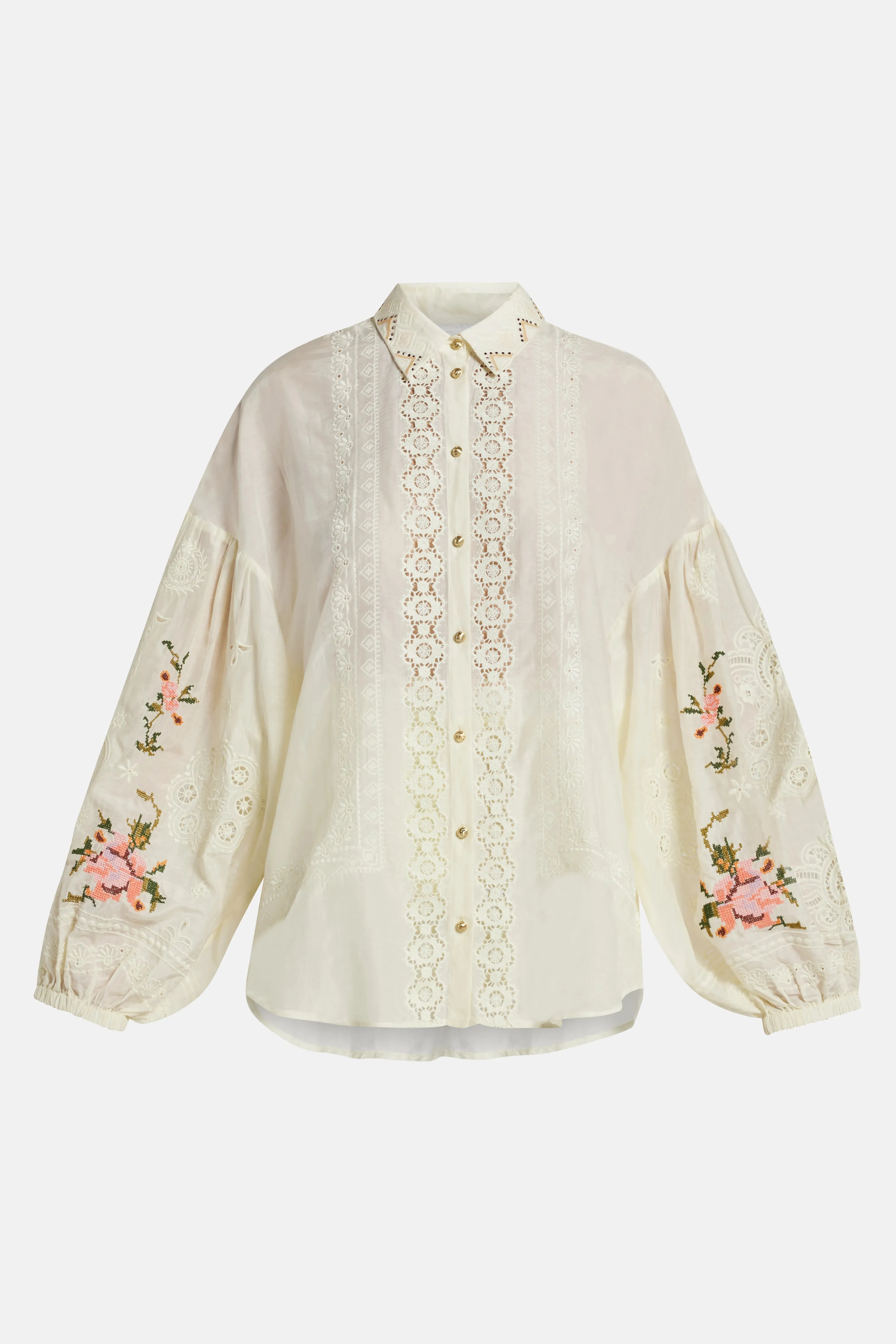 Embroidered Balloon Sleeve Shirt Blouse