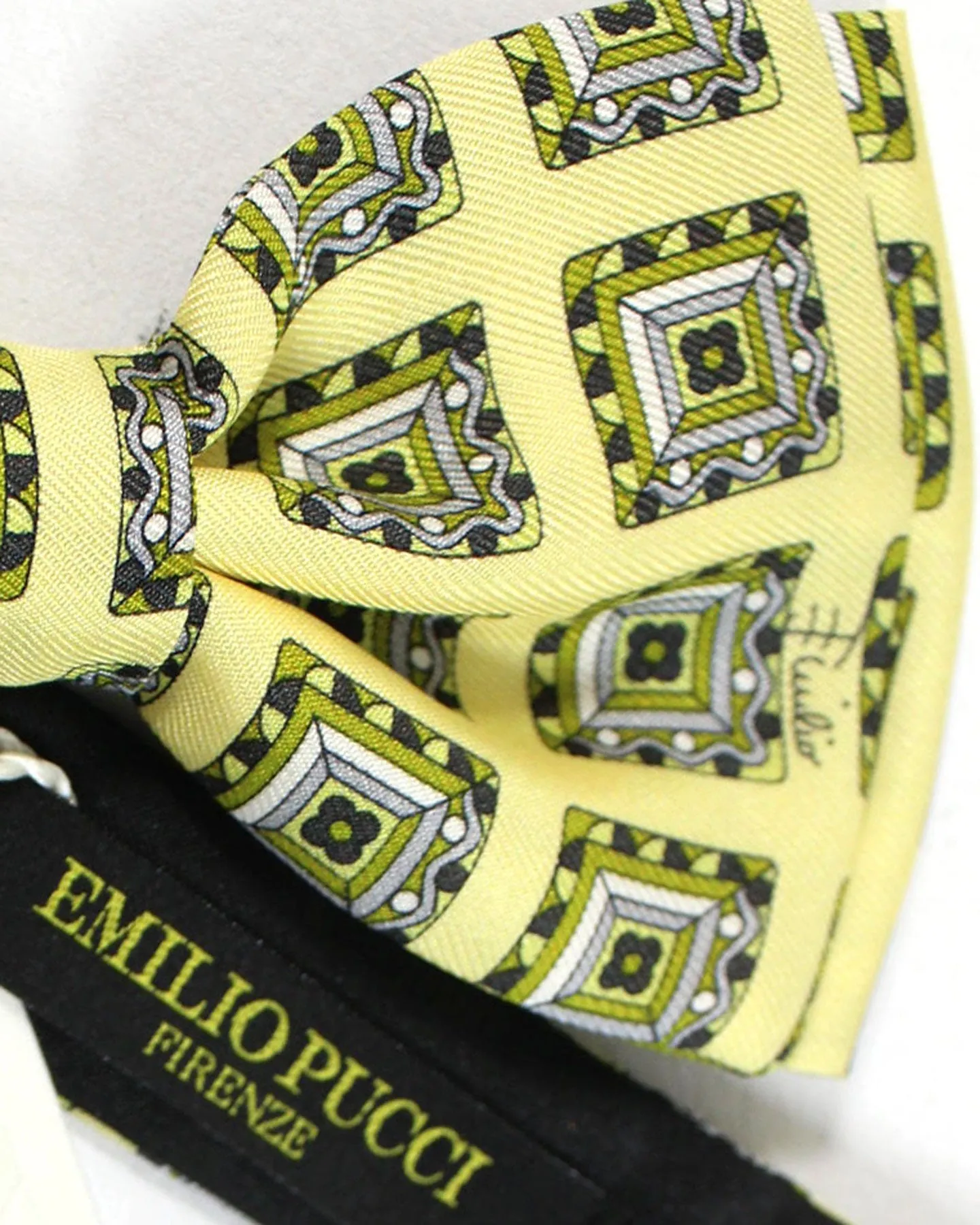 Emilio Pucci Silk Bow Tie Yellow Olive Gray Medallions - Made In Italy