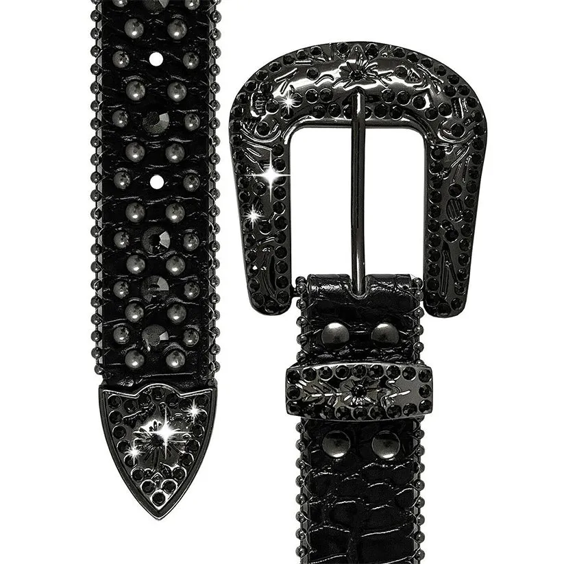 Engraved Buckle Western Black Strap With Black Studded Rhinestone Belt