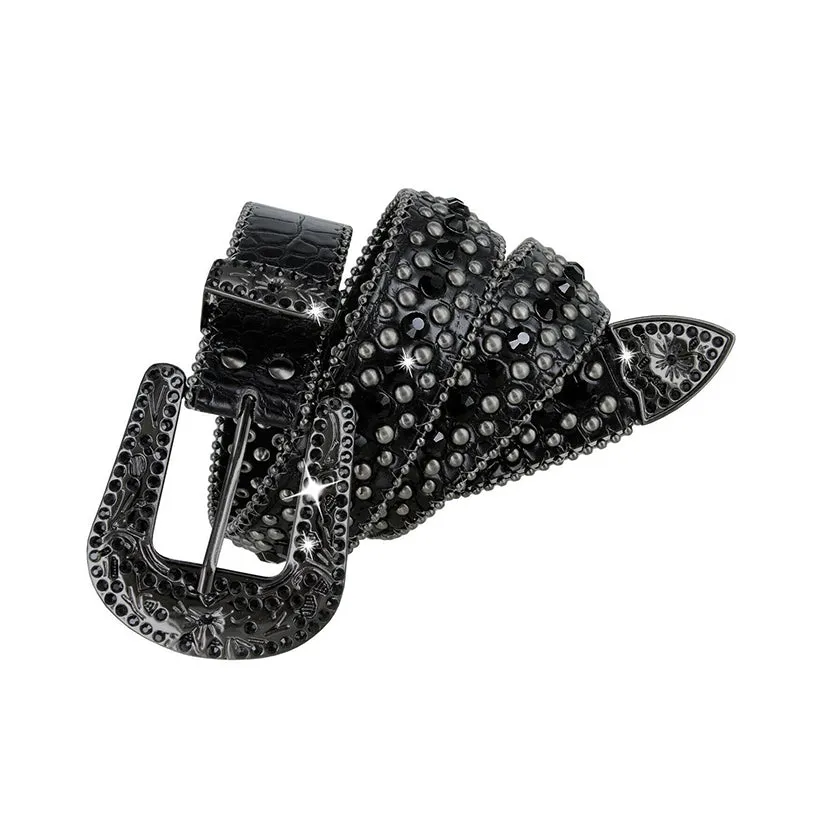 Engraved Buckle Western Black Strap With Black Studded Rhinestone Belt