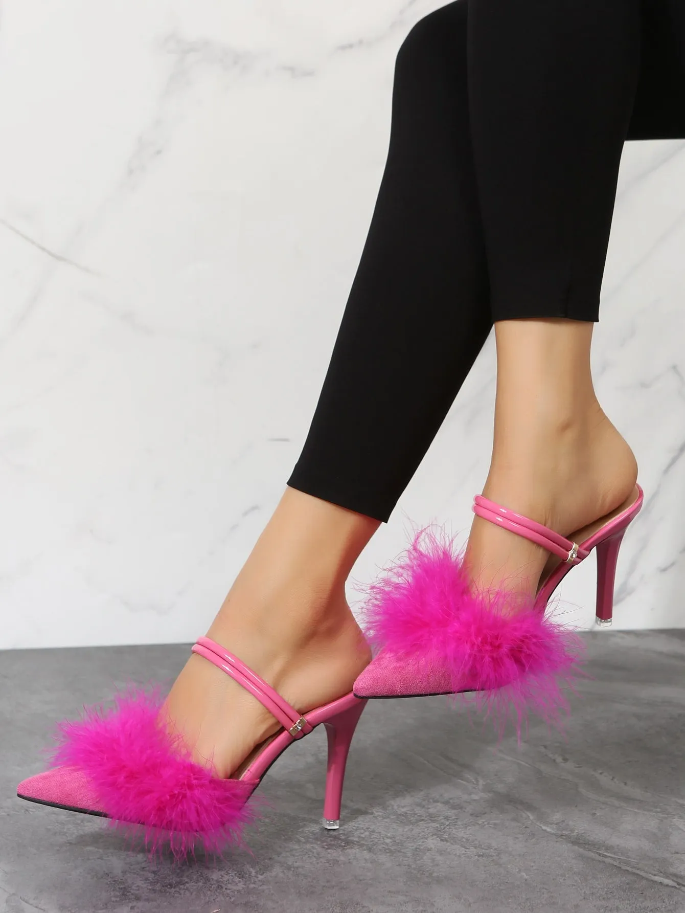 Faux Fur Ankle Strap Stiletto Heeled Mule