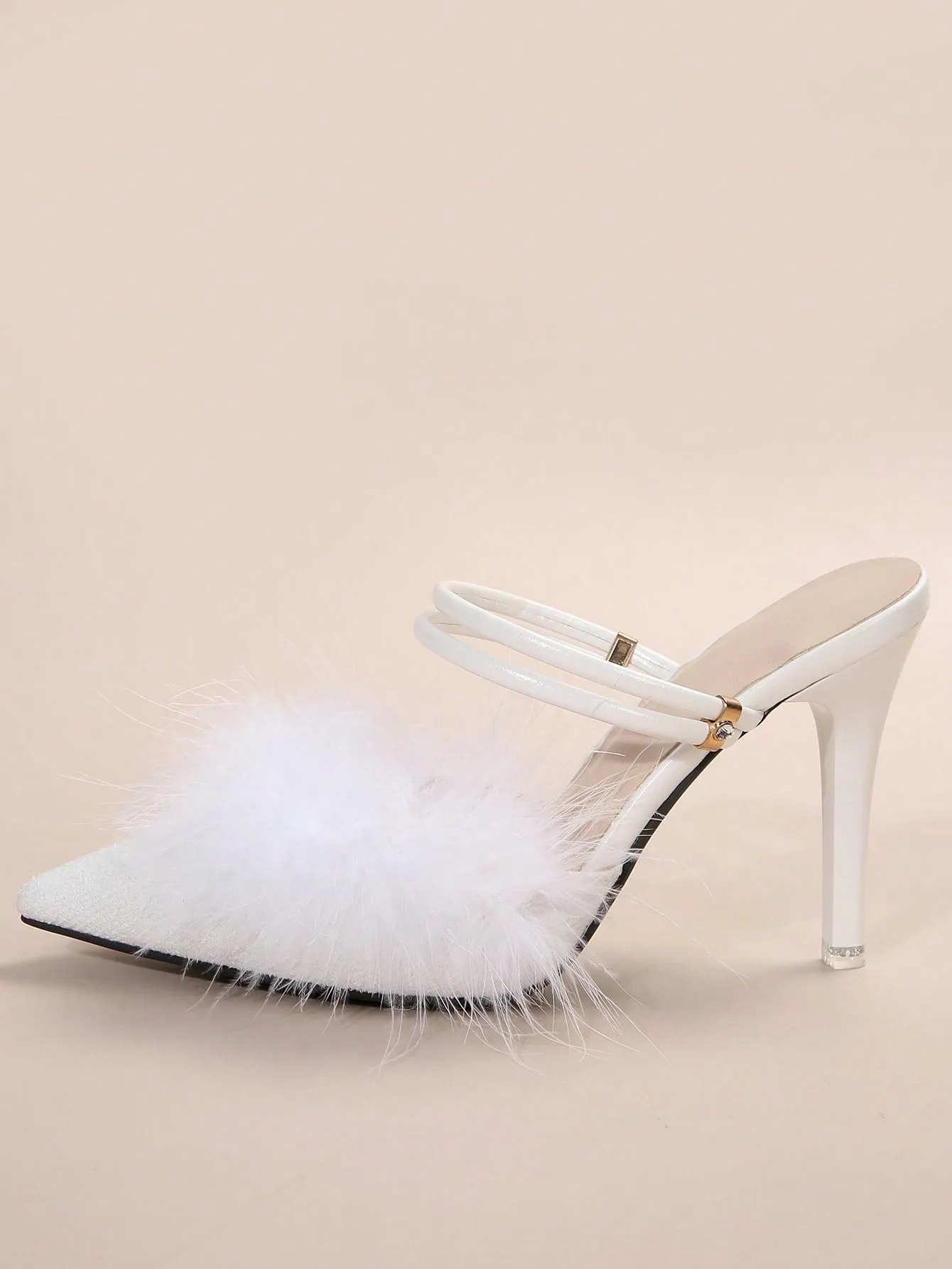 Faux Fur Ankle Strap Stiletto Heeled Mule