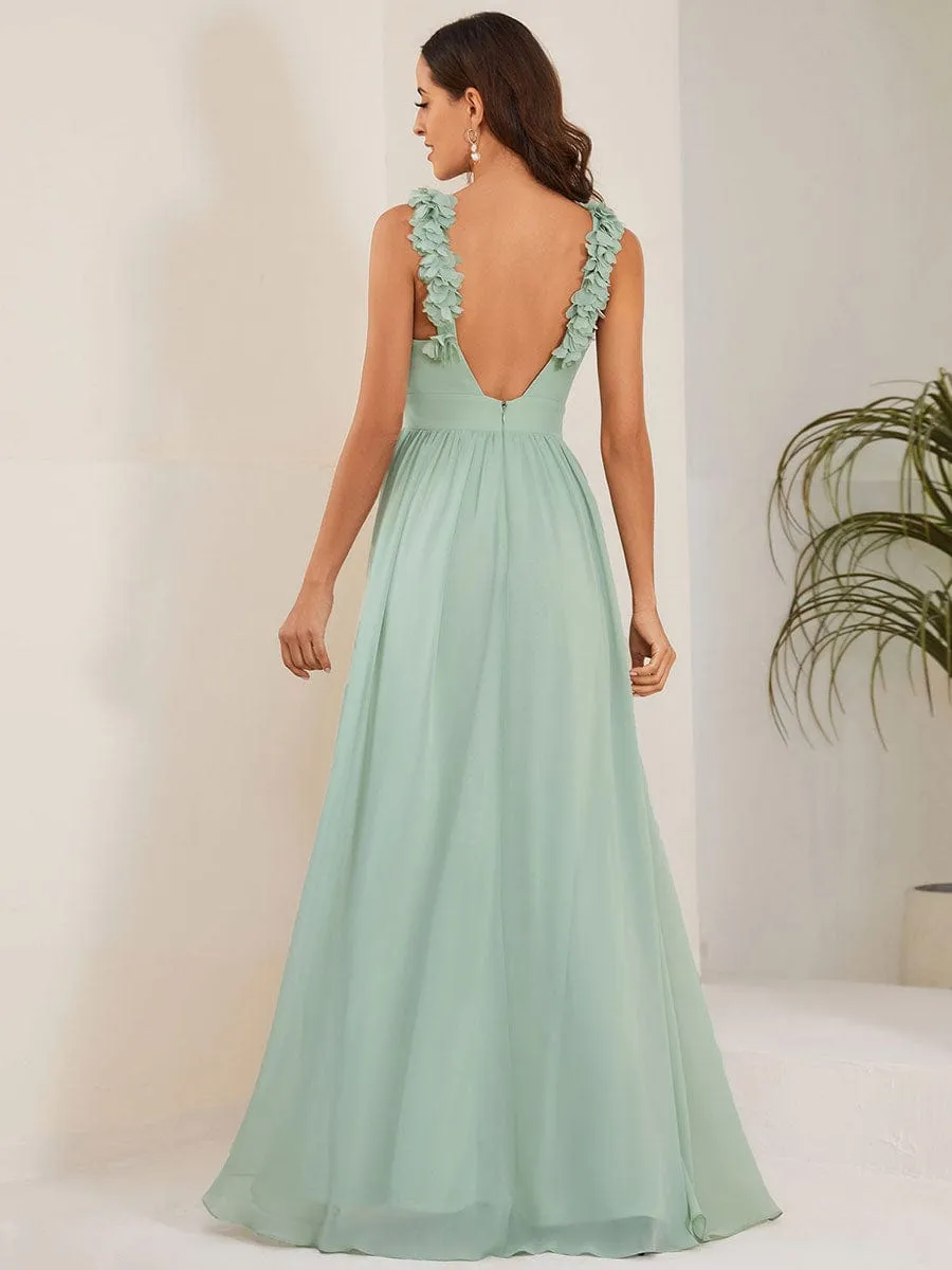 Floral Applique Sleeveless Pleated Chiffon Bridesmaid Dress