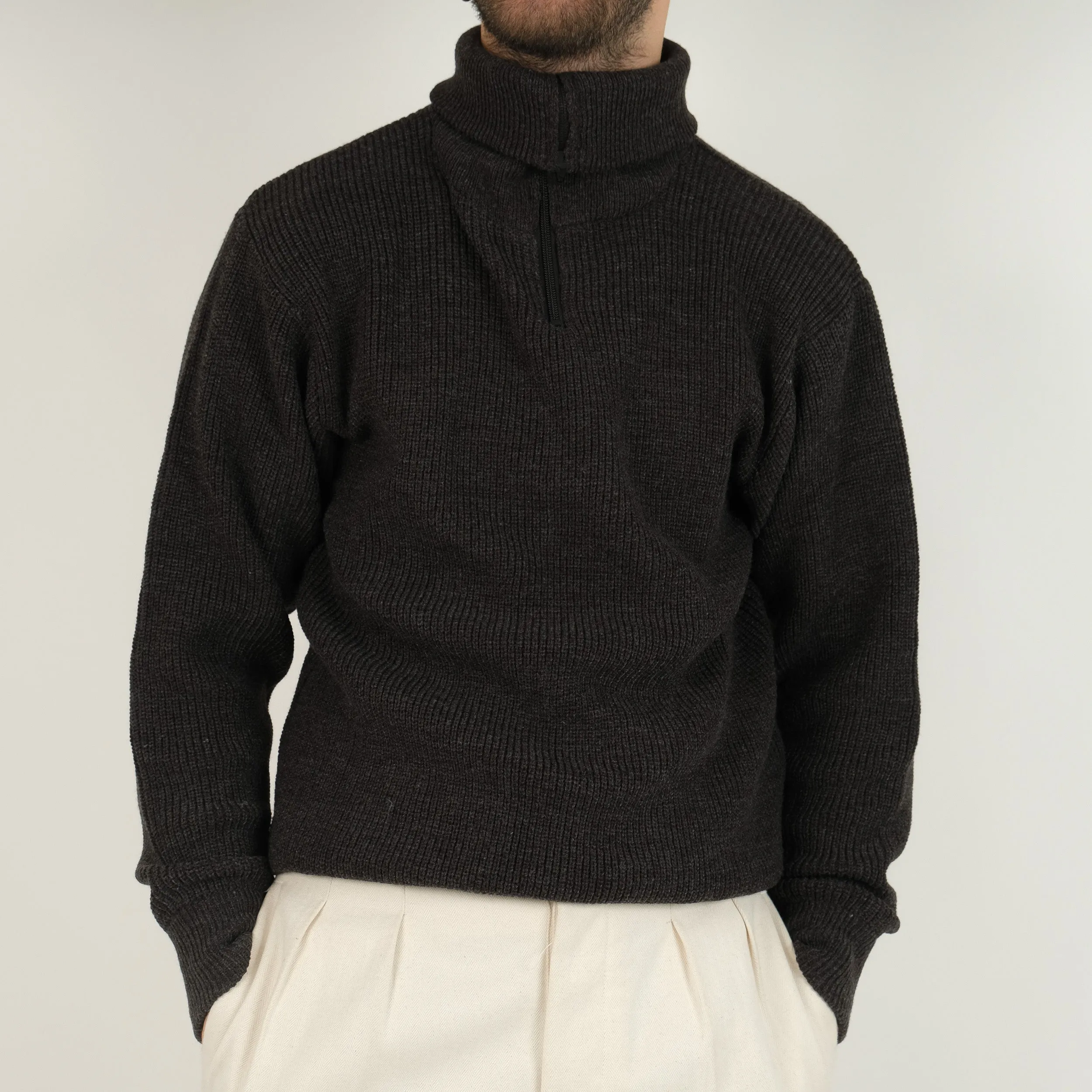 FRENCH ARMY ZIPPED SWEATER - CHARCOAL