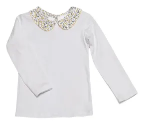 Girl's "Leo and Lola" Long Sleeve White Pima Top with Floral Collar