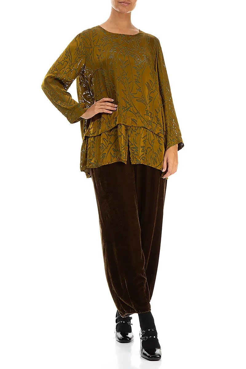 Golden Olive Devoré Feather Silk Blouse