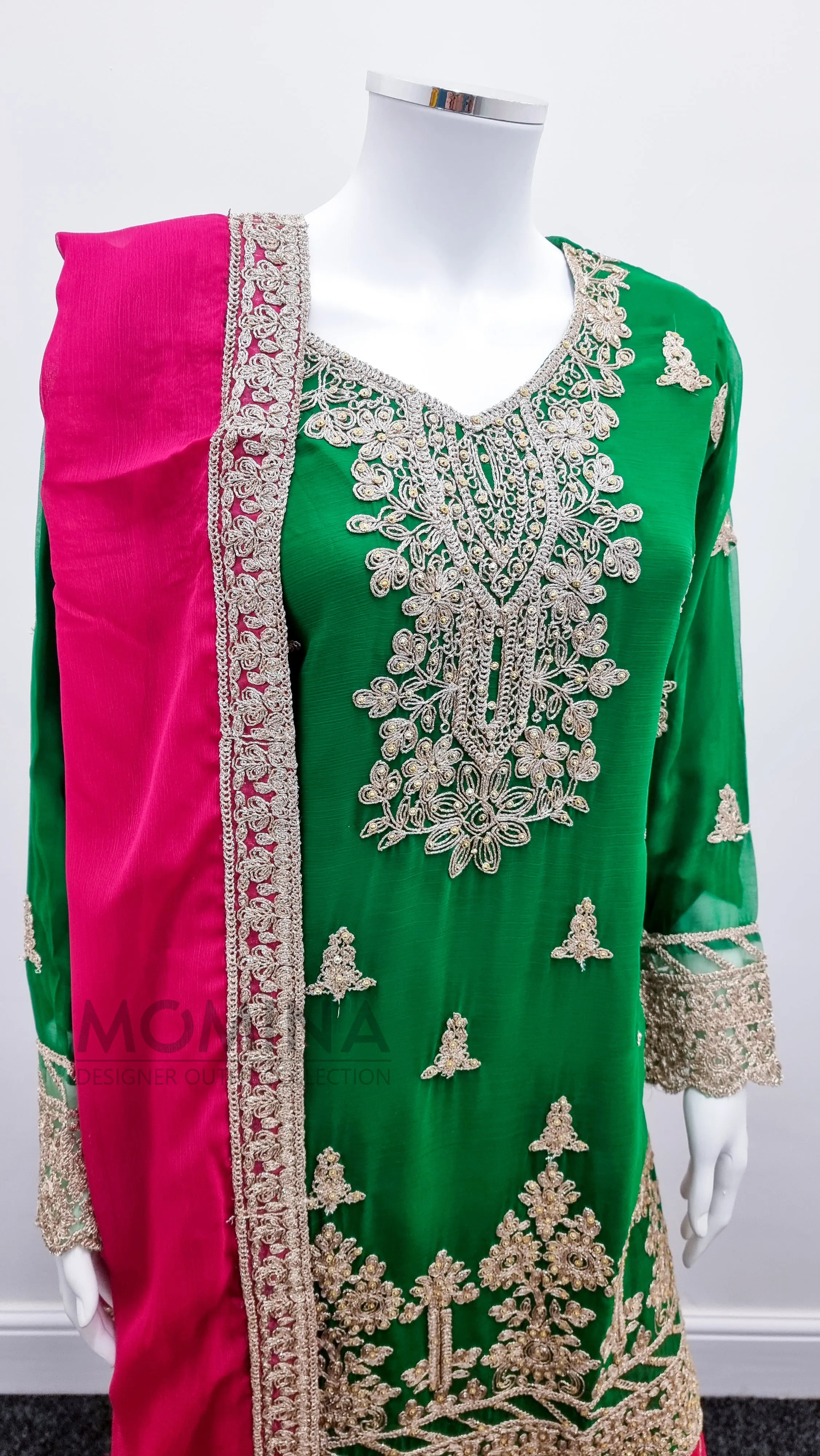 Green & Pink Embroidered Chiffon Palazzo Suit