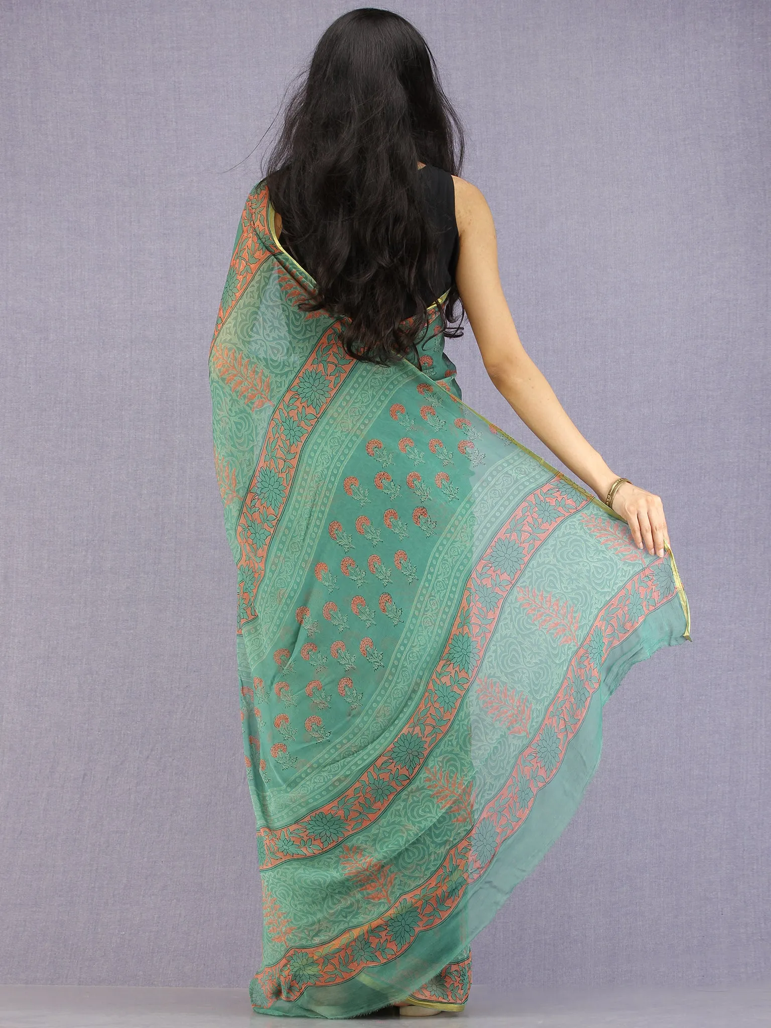 Green Coral Hand Block Printed Chiffon Saree with Zari Border - S031704596