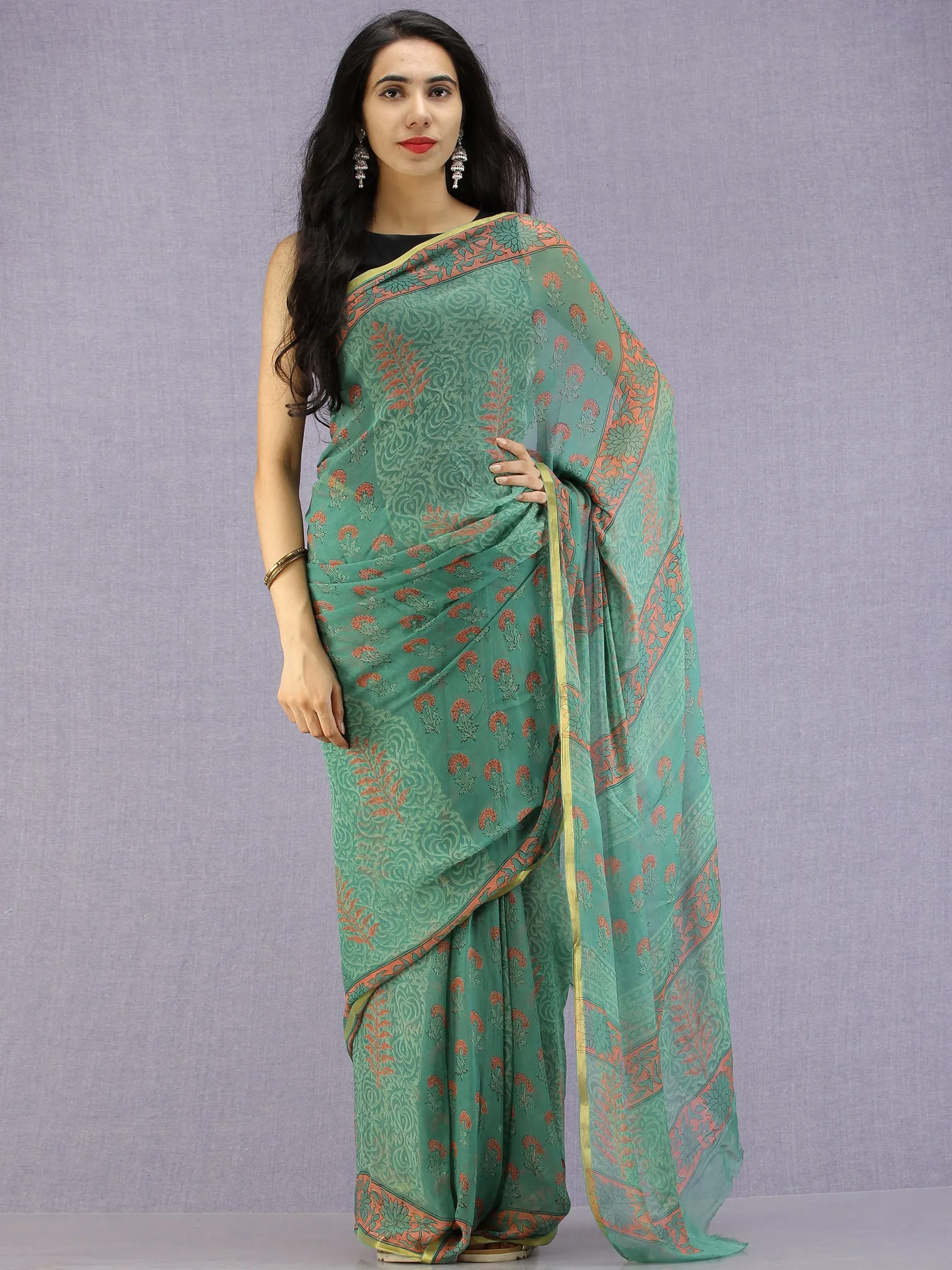 Green Coral Hand Block Printed Chiffon Saree with Zari Border - S031704596