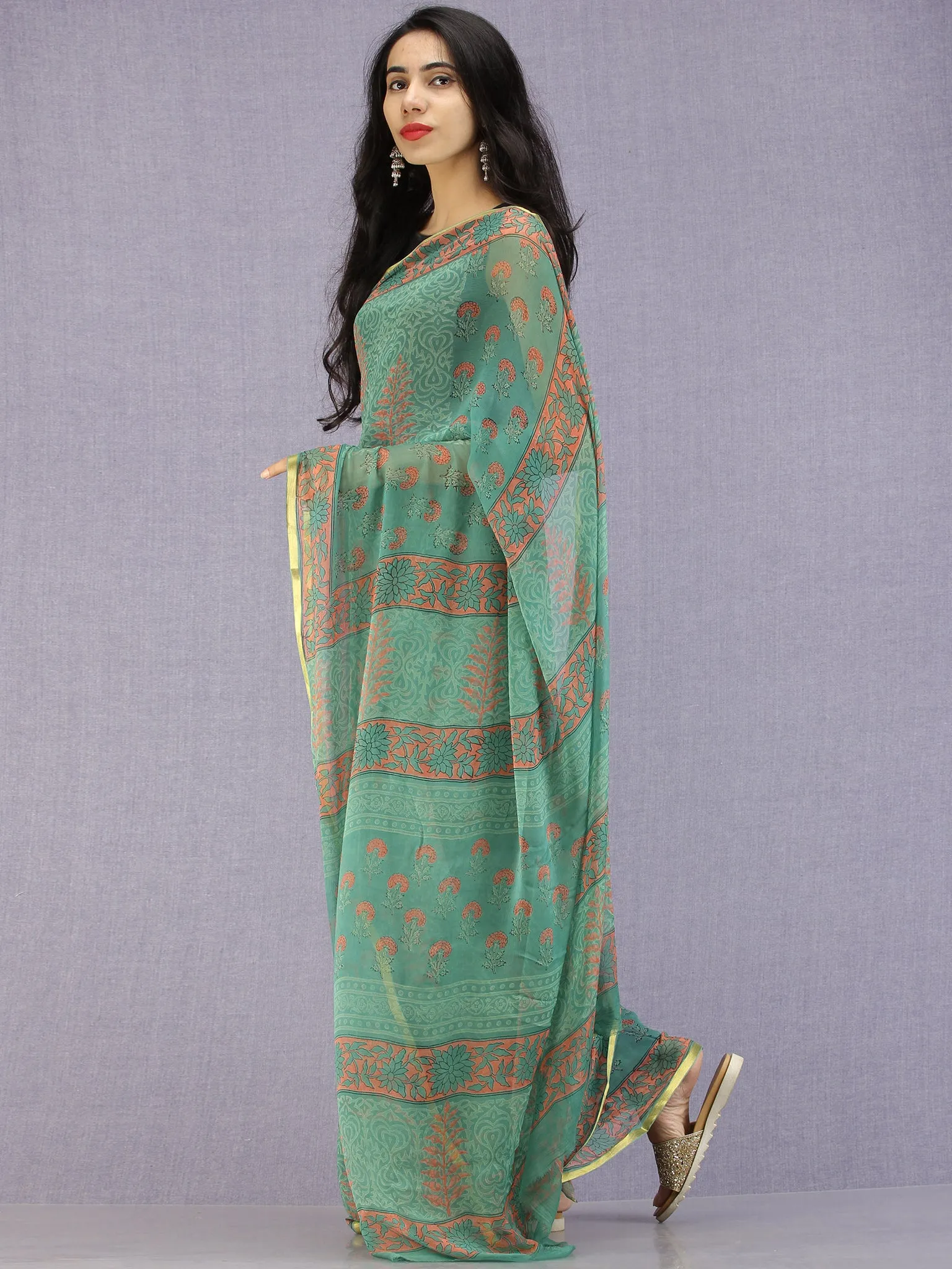 Green Coral Hand Block Printed Chiffon Saree with Zari Border - S031704596