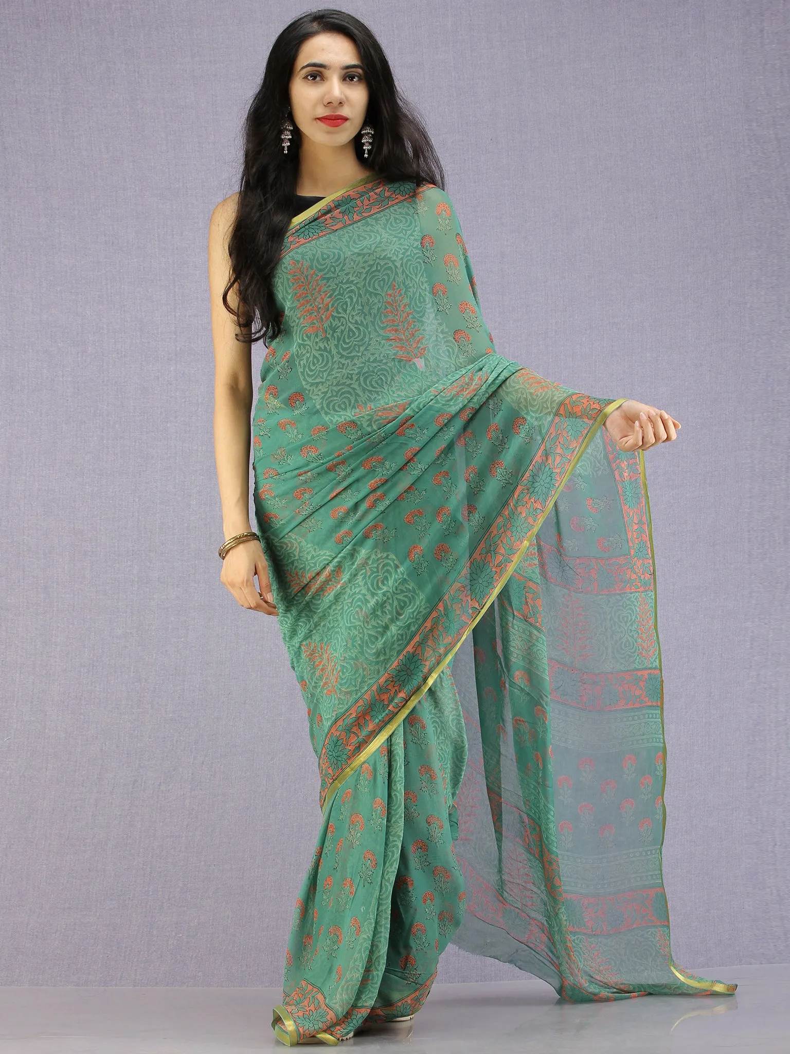 Green Coral Hand Block Printed Chiffon Saree with Zari Border - S031704596