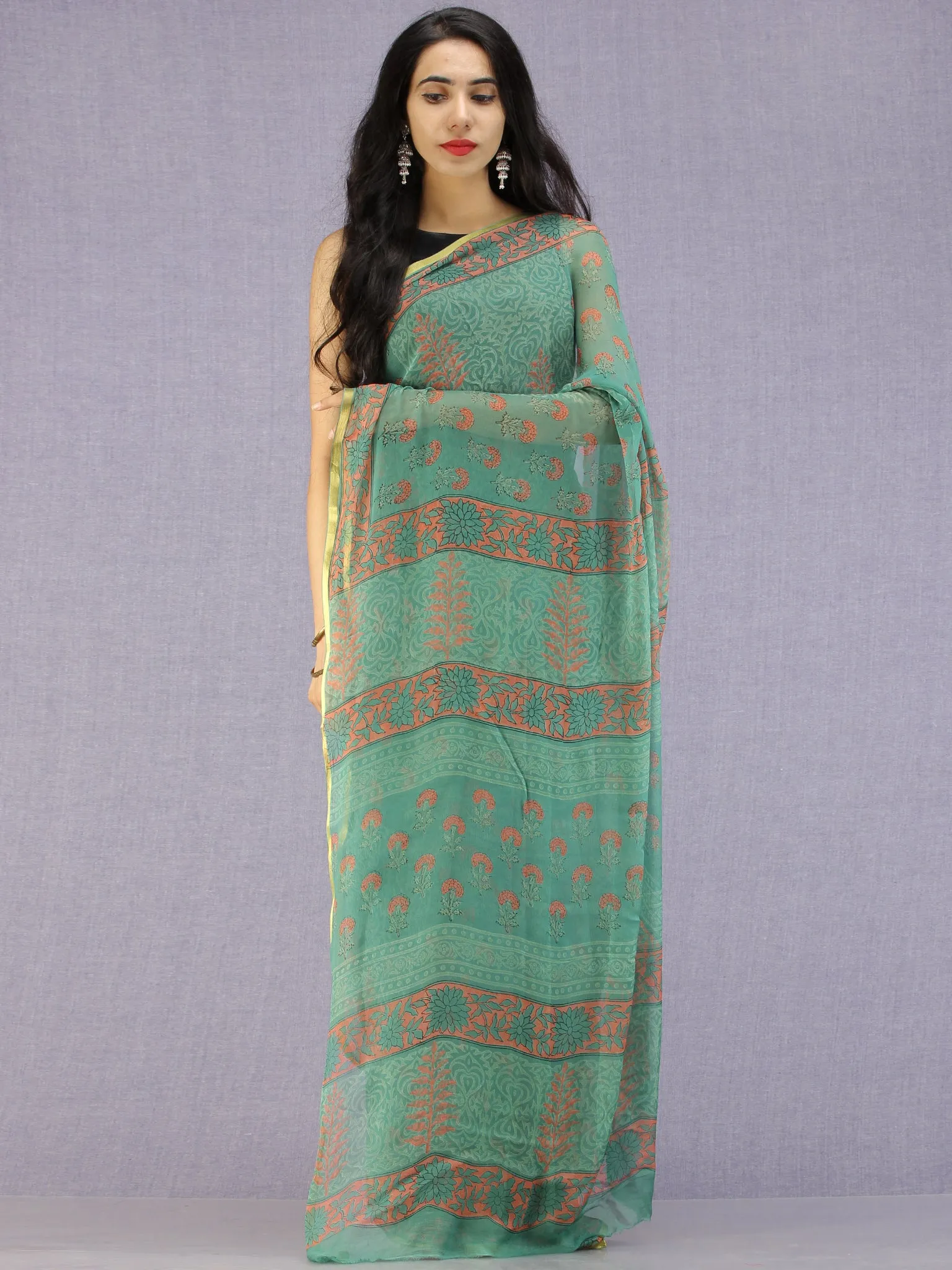 Green Coral Hand Block Printed Chiffon Saree with Zari Border - S031704596