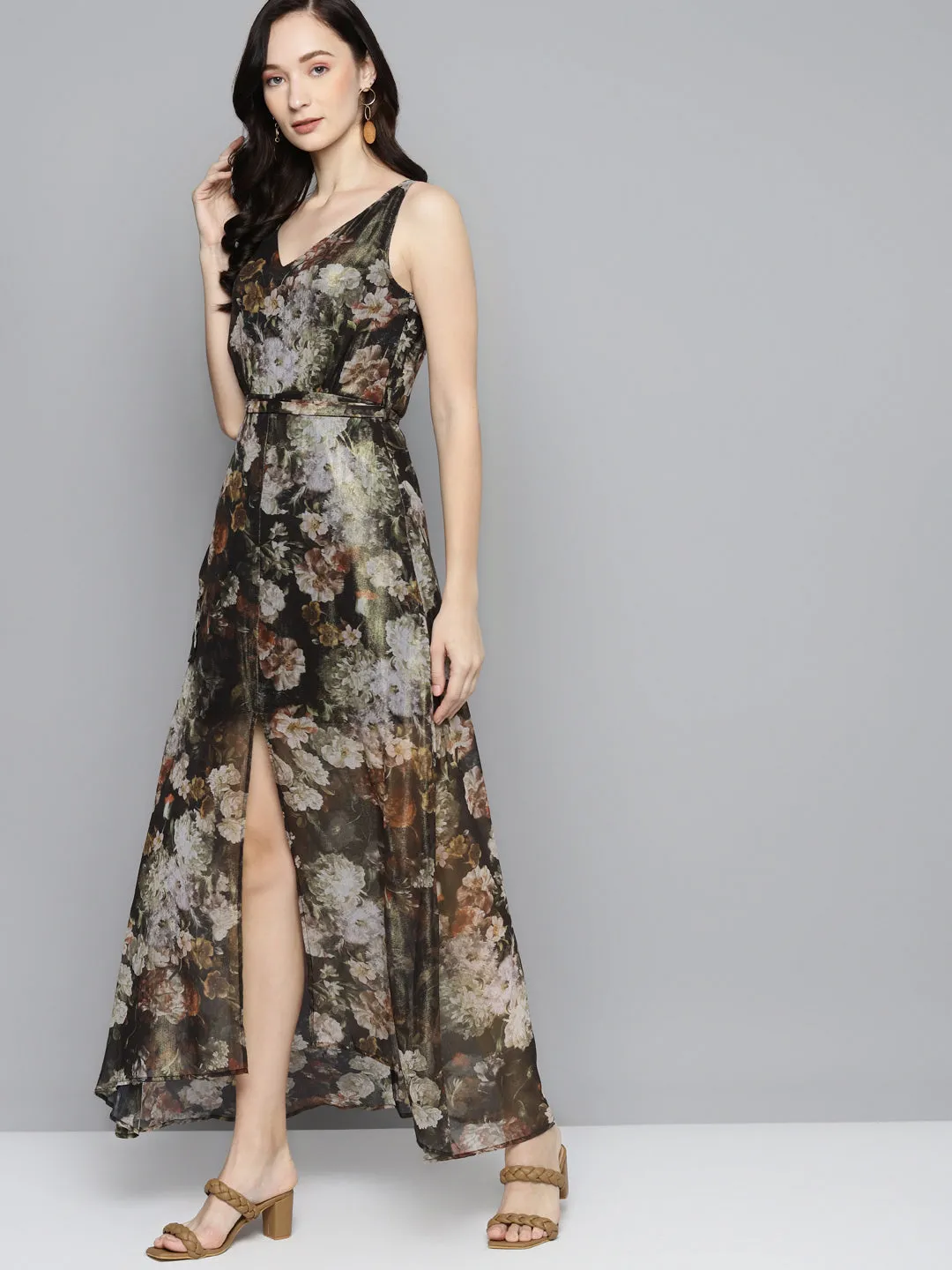 Green Floral Chiffon V-Neck Belted Maxi