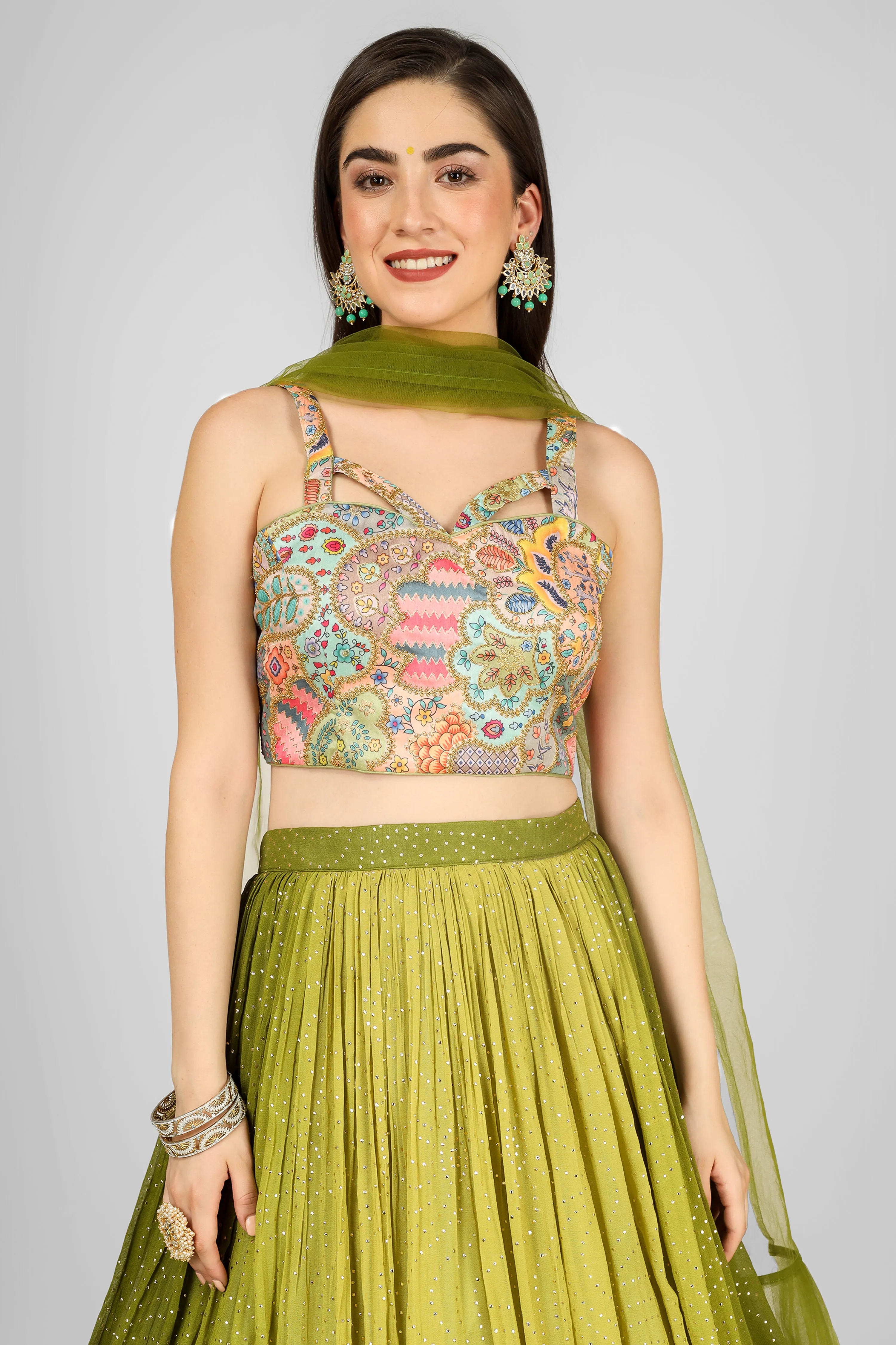 Green Lehenga Choli with Hand Embroidery