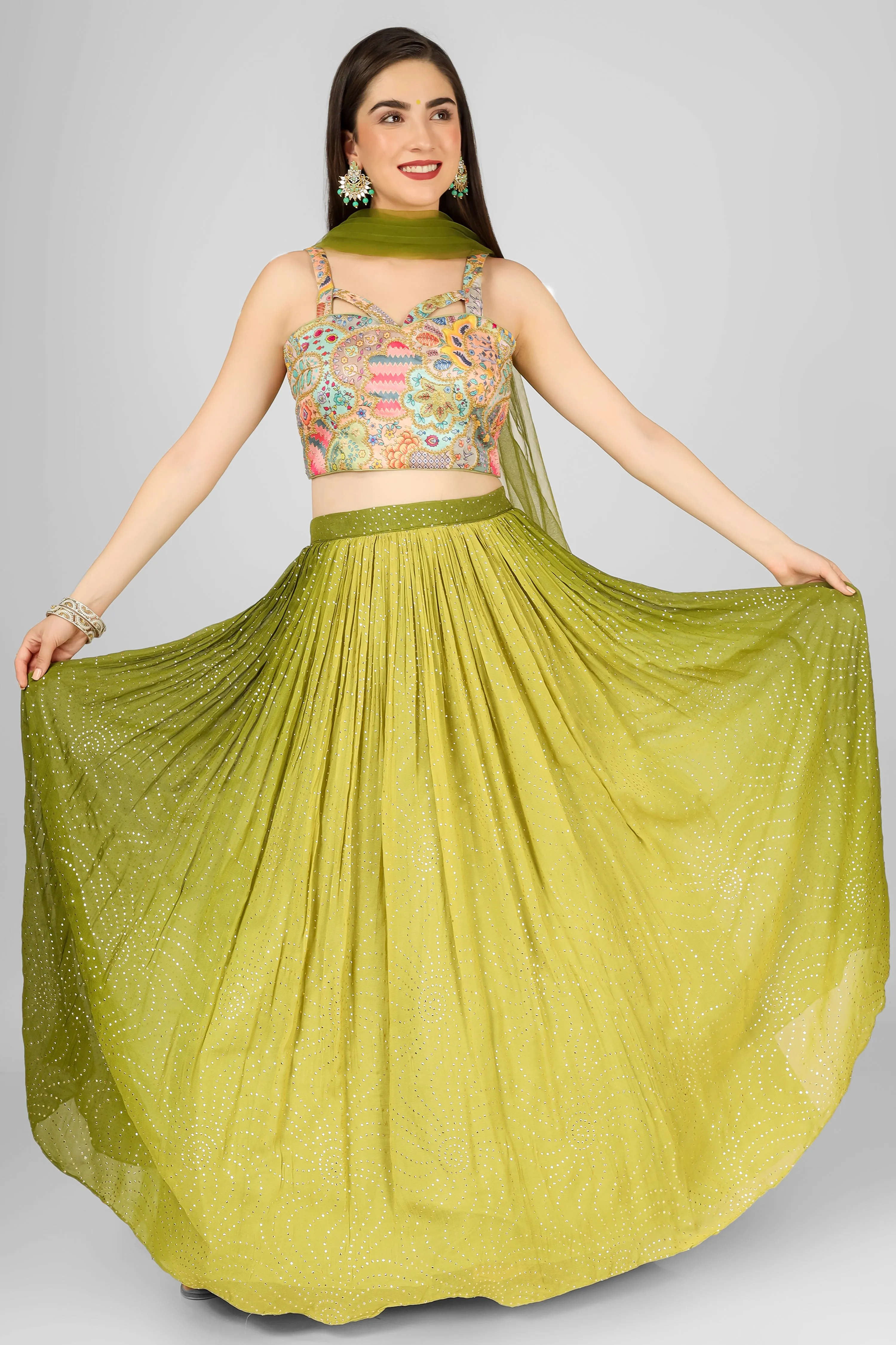 Green Lehenga Choli with Hand Embroidery