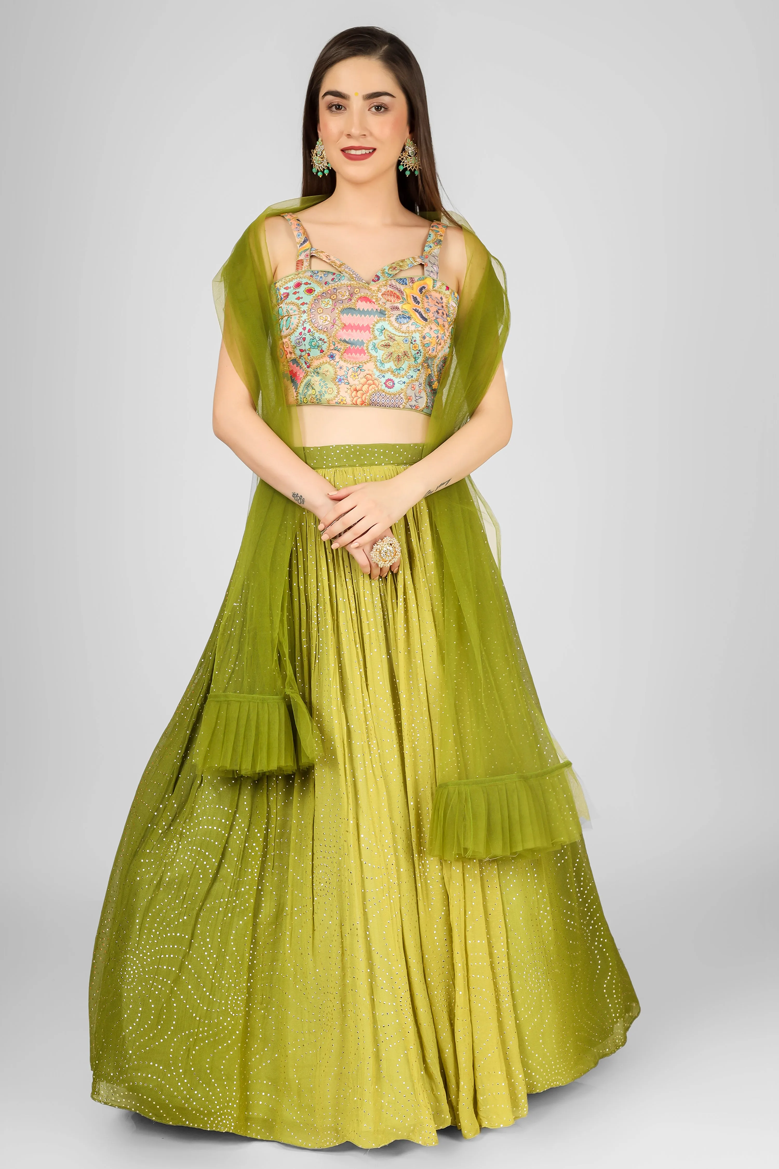 Green Lehenga Choli with Hand Embroidery