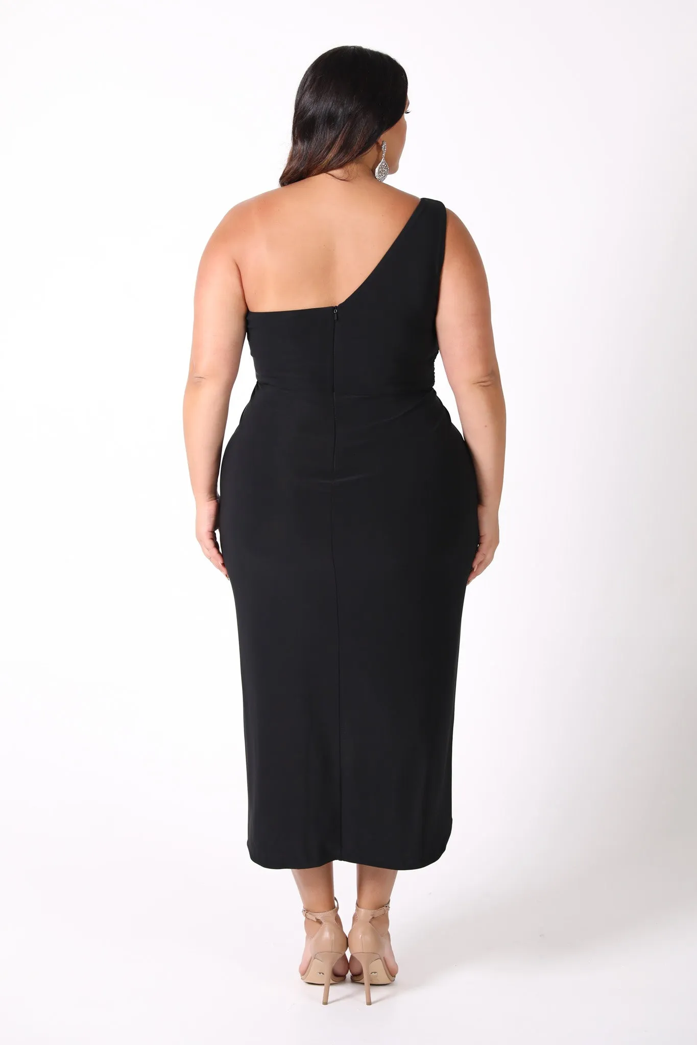 Hayden One Shoulder Midi Dress - Black