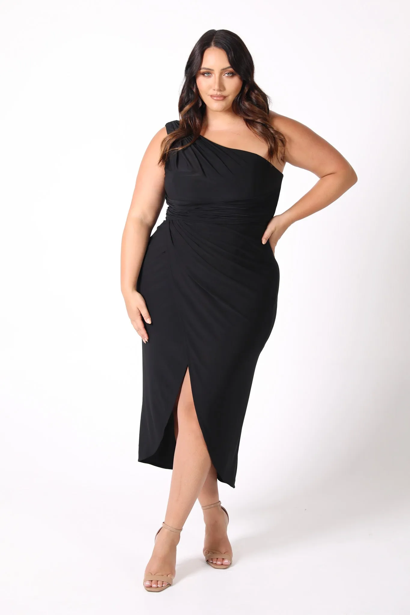 Hayden One Shoulder Midi Dress - Black