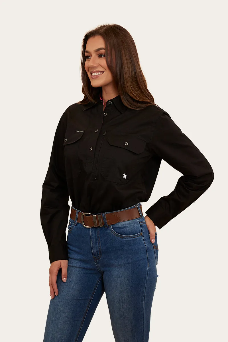 Herefords Womens Half Button Work Shirt - Black/Melon