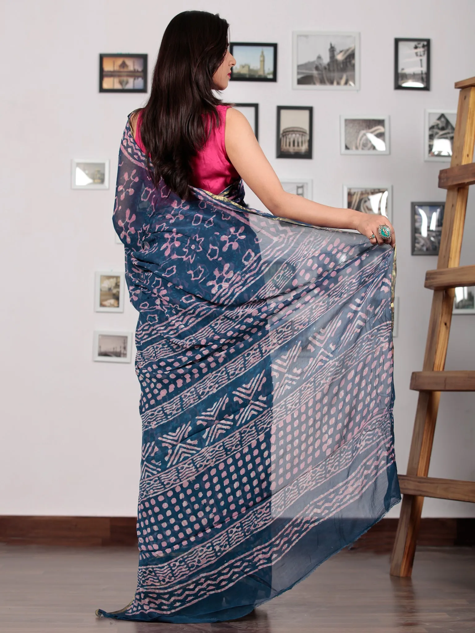 Indigo Ivory Lavender Hand Block Printed Chiffon Saree with Zari Border - S031702764