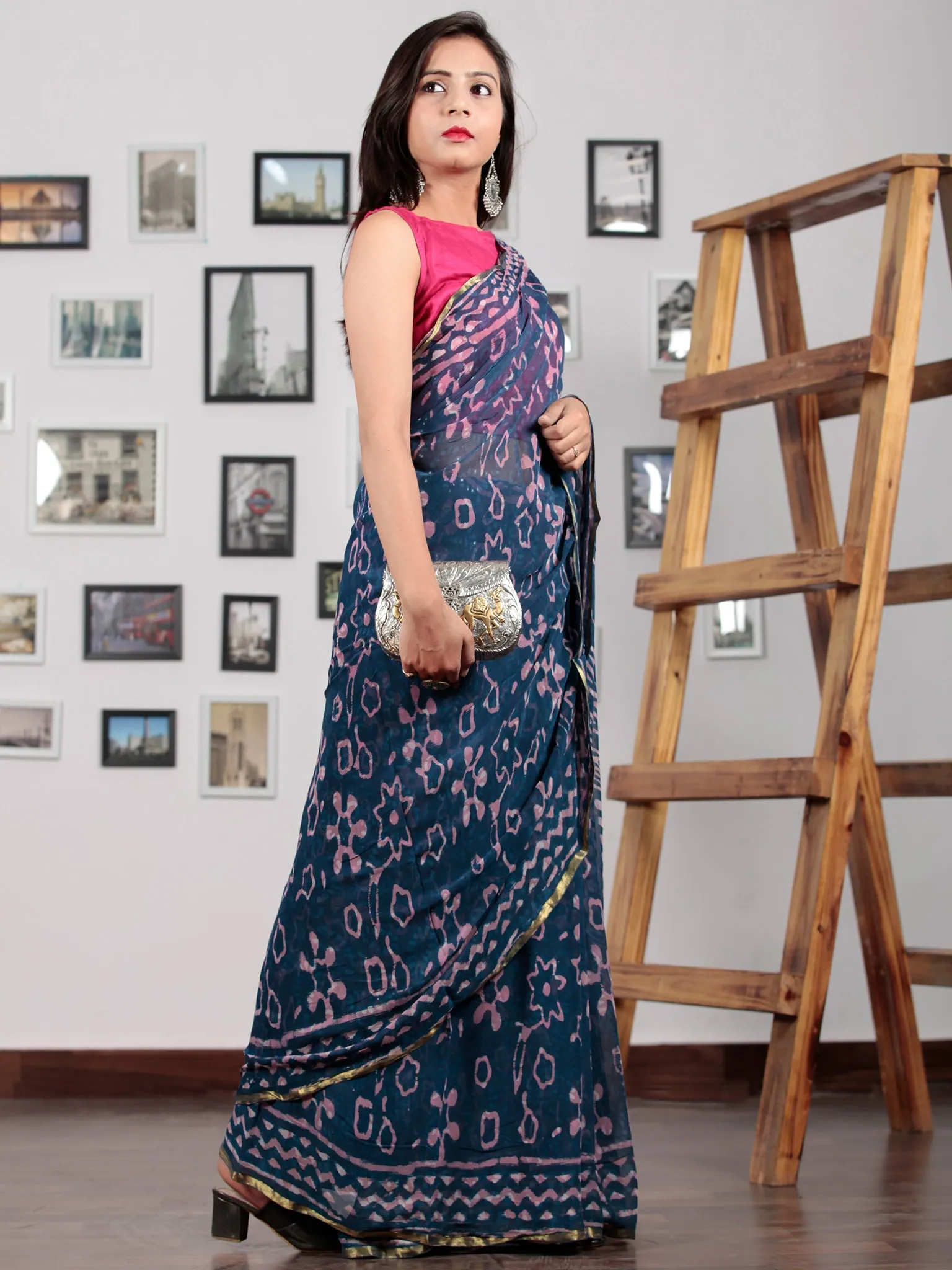 Indigo Ivory Lavender Hand Block Printed Chiffon Saree with Zari Border - S031702764