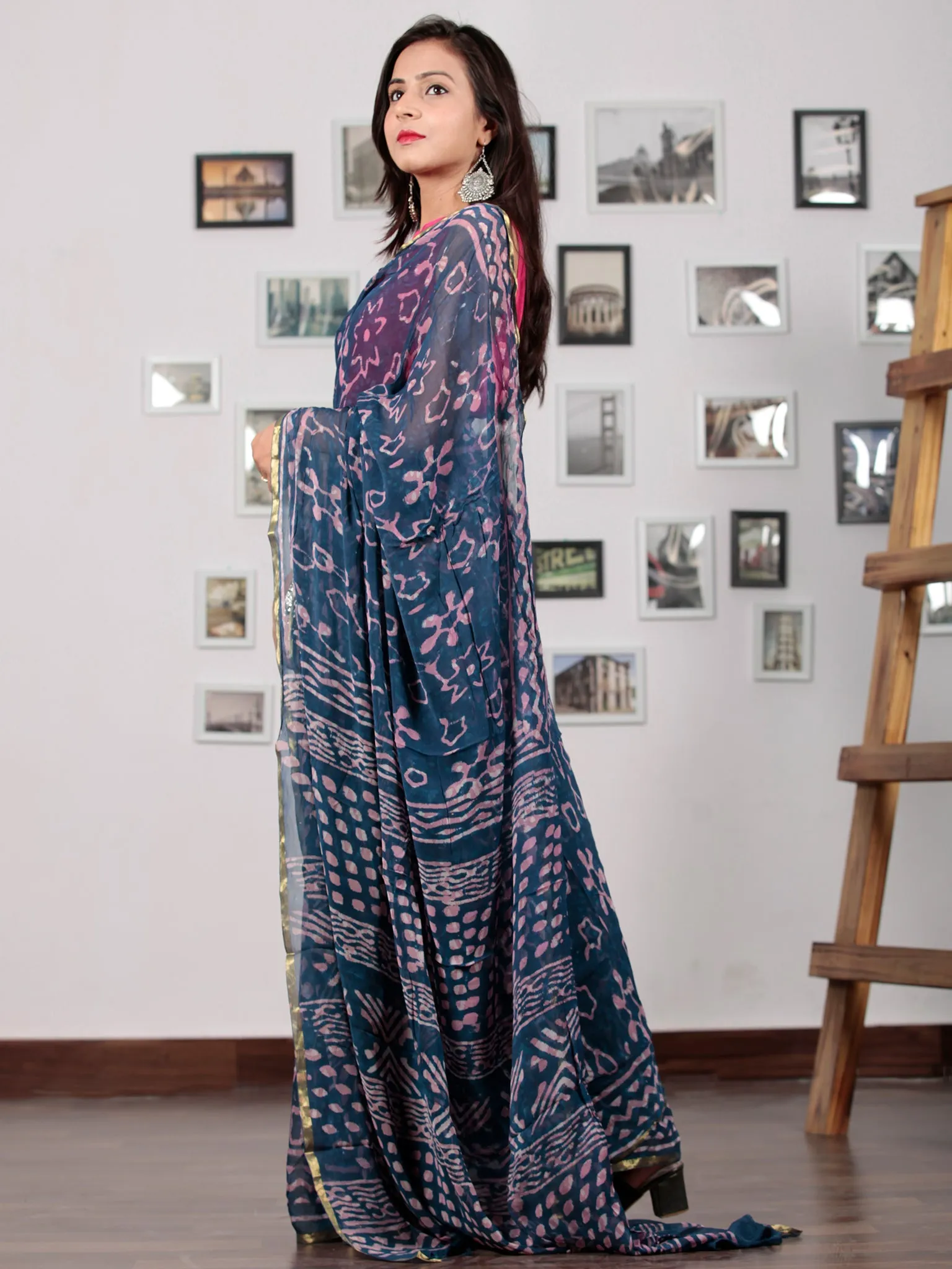 Indigo Ivory Lavender Hand Block Printed Chiffon Saree with Zari Border - S031702764