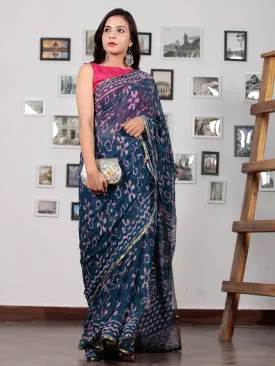 Indigo Ivory Lavender Hand Block Printed Chiffon Saree with Zari Border - S031702764