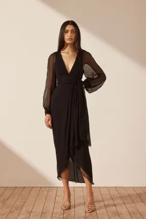 ISOLA PLUNGED LONG SLEEVE MIDI DRESS - BLACK