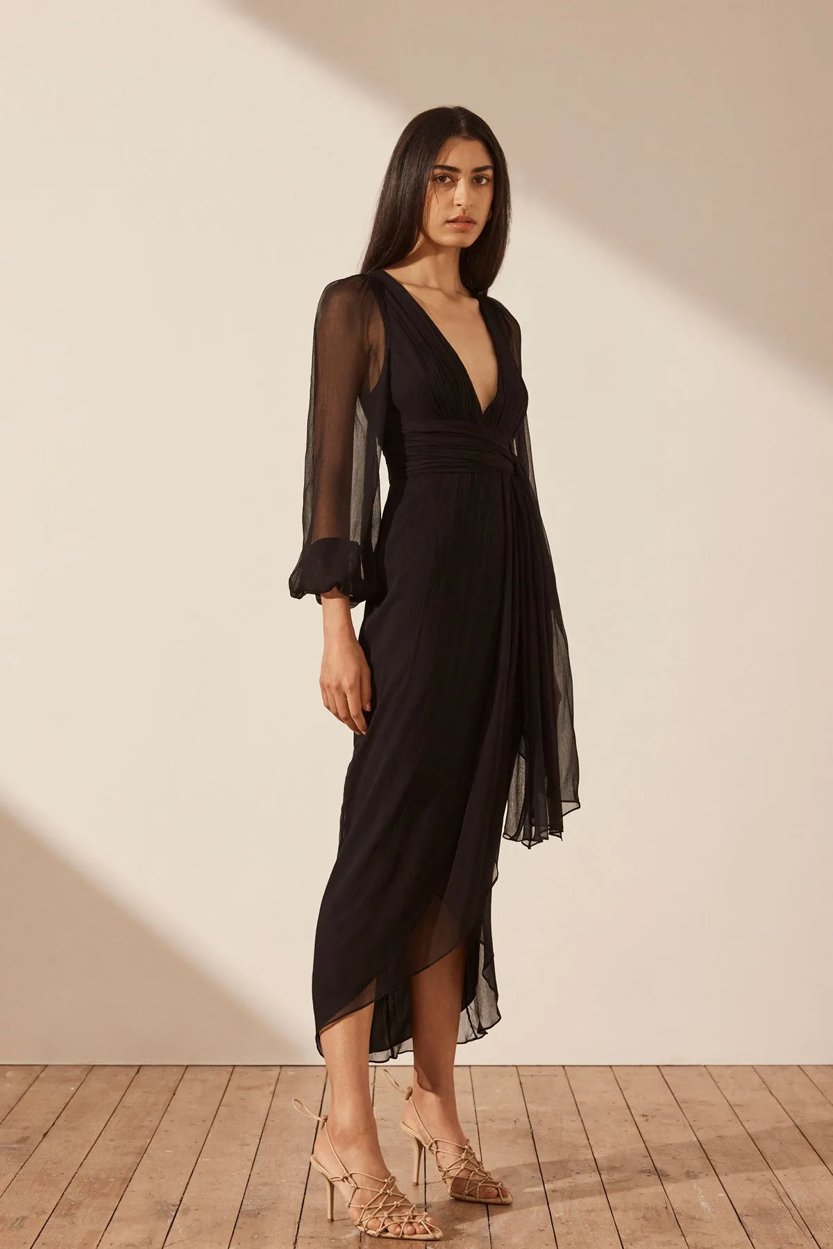 ISOLA PLUNGED LONG SLEEVE MIDI DRESS - BLACK