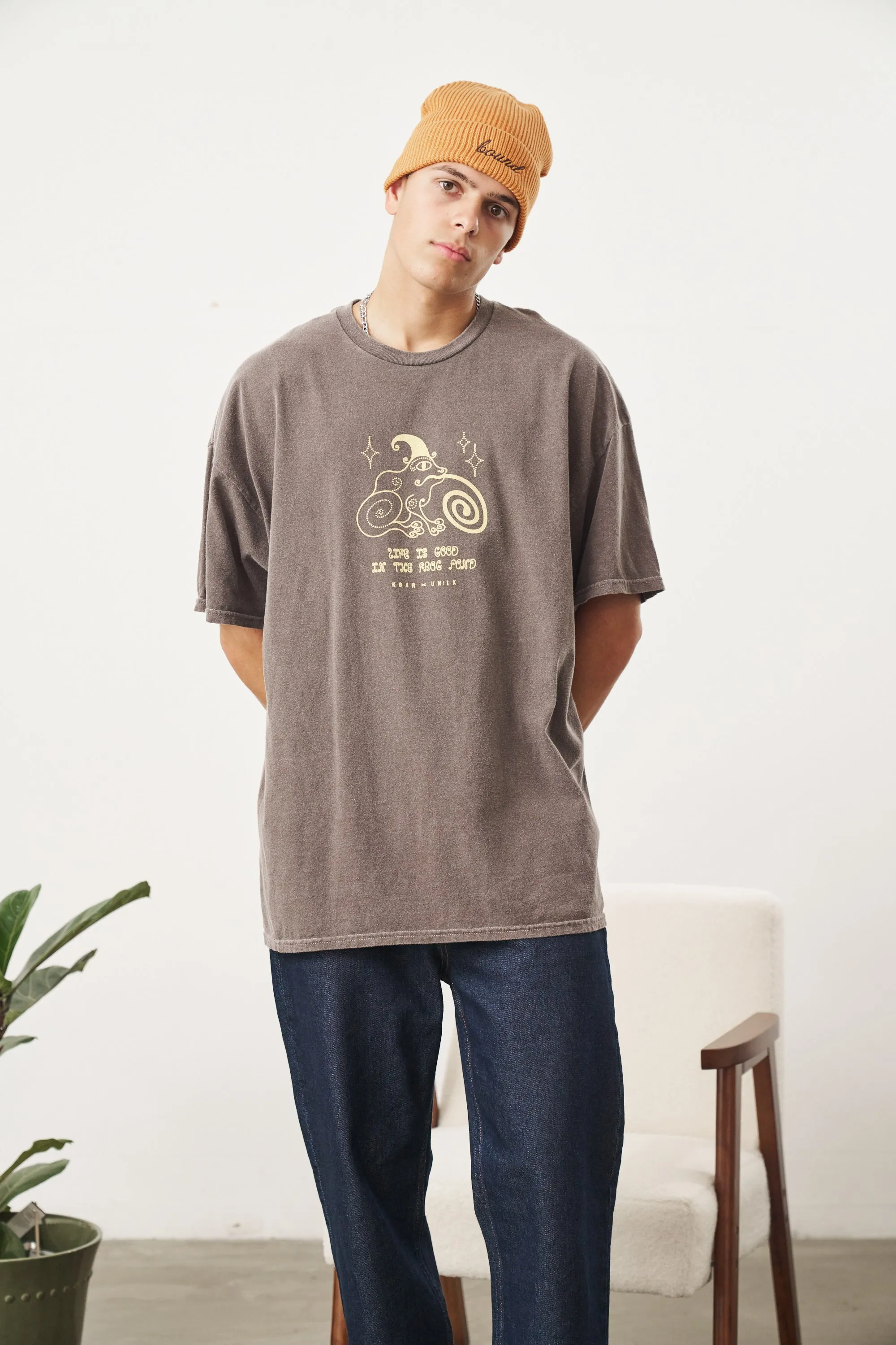 KBAR X UN:IK 'Frog Pond' Vintage Washed Tee - Chocolate