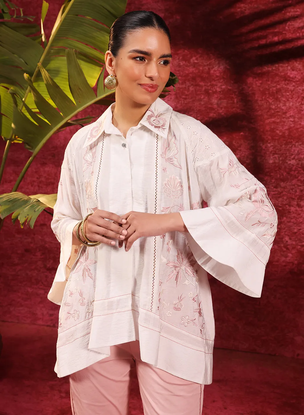 Laira Ivory Embroidered Tencel Shirt for Women