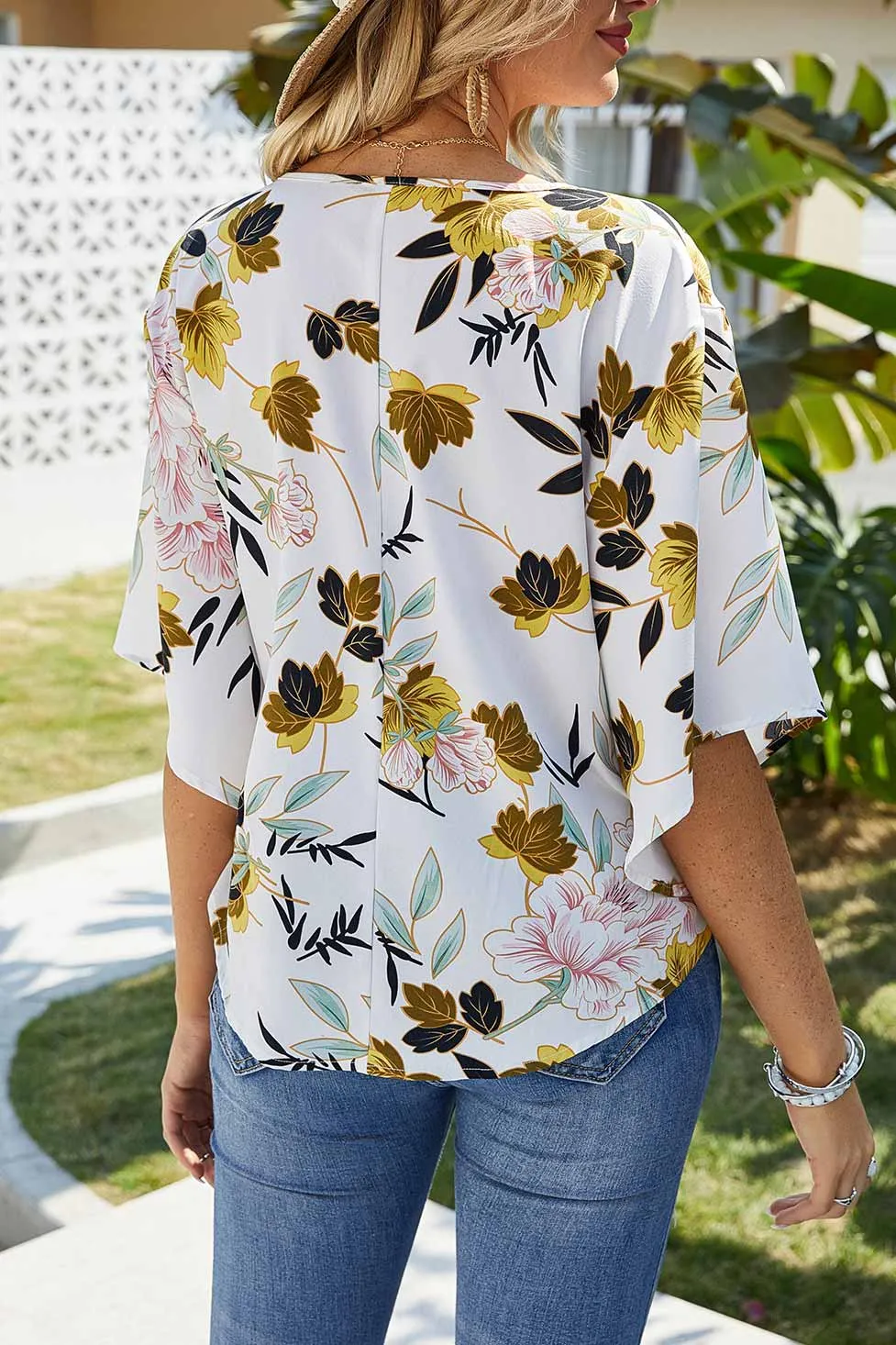 Loose Floral Knot Hem Chiffon Blouse