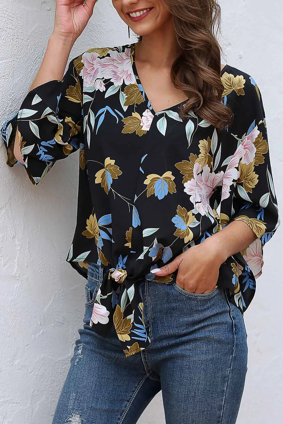 Loose Floral Knot Hem Chiffon Blouse