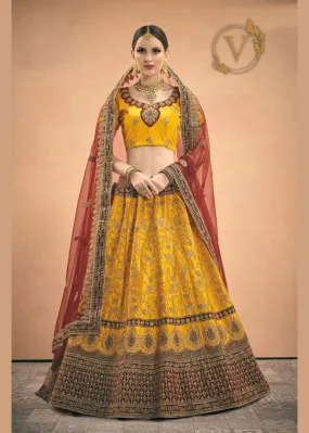 Mesmerizing Mustard Yellow Embroidered Satin Lehenga Choli With Dupatta