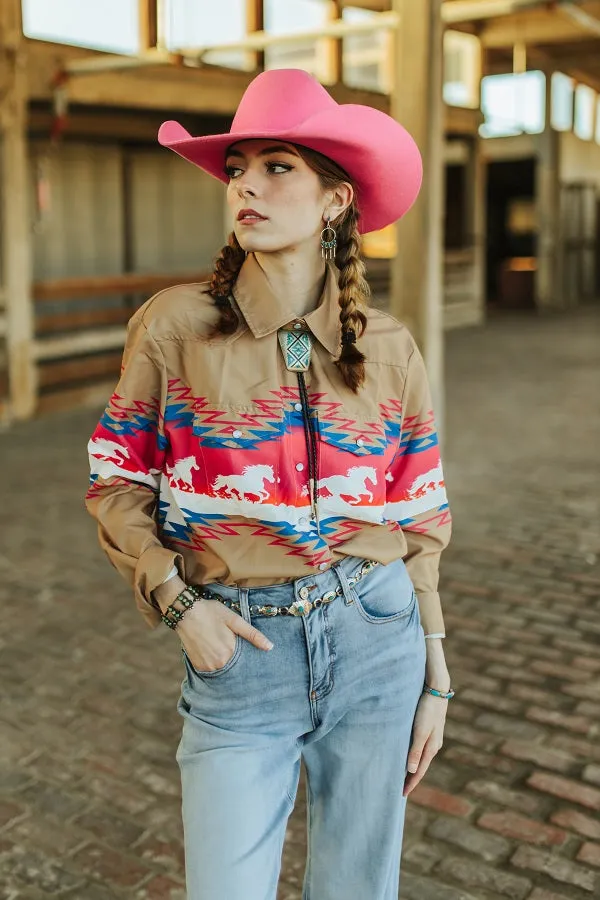 Mocha Pink Horse Aztec Printed Button Down Top Plus Size Bourbon Cowgirl