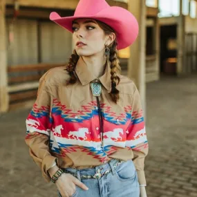 Mocha Pink Horse Aztec Printed Button Down Top Plus Size Bourbon Cowgirl