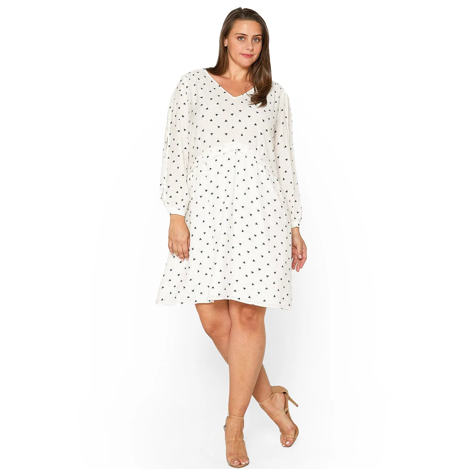 Plus Size Triangle Print Long Sleeve Dress in White Triangle