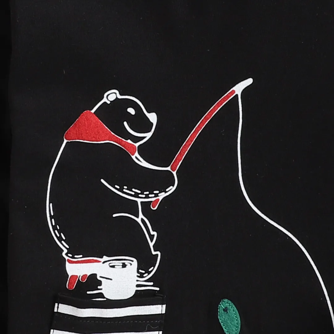 Polka Tots Full Sleeve Fishing Bear print Tshirt - Black