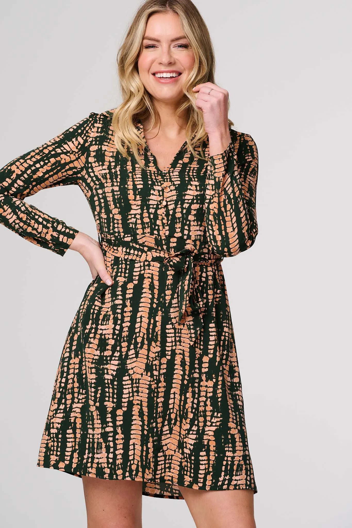 Printed Long Sleeve Tie Waist Mini Dress