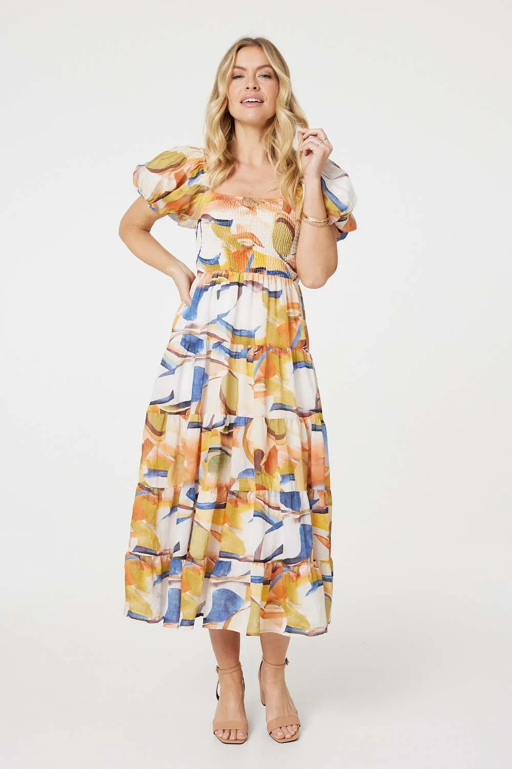 Printed Puff Sleeve Midi Dress