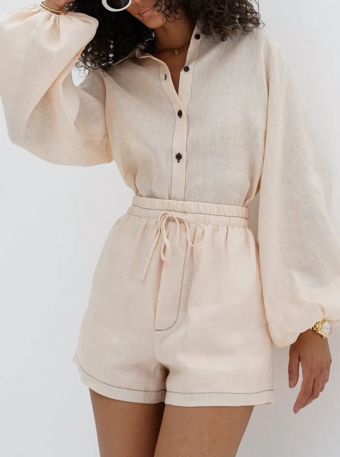 Rue Contrast Stitch Linen Shirt | Blush