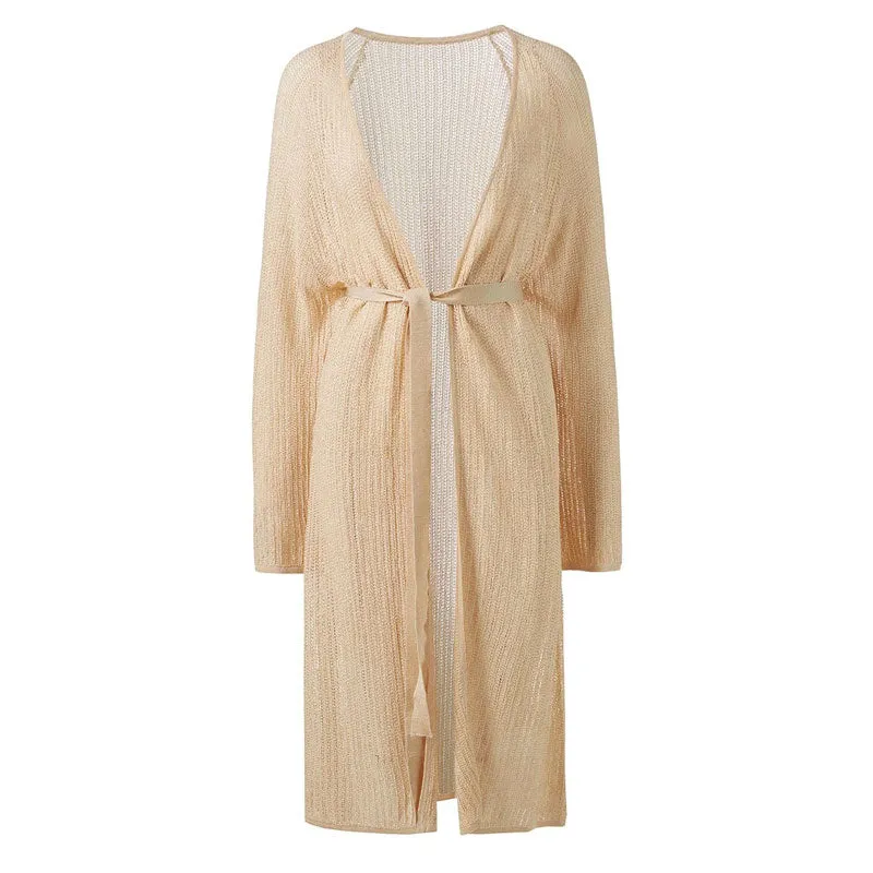 Semi Sheer Beige Long Sleeve Side Slit Open Front Belted Midi Knit Cover Up